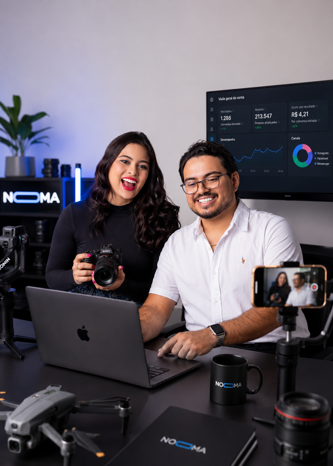 Equipe Nooma Produções com câmera, laptop e painel de resultados de campanhas